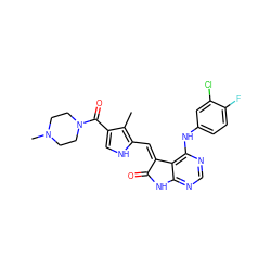 Cc1c(C(=O)N2CCN(C)CC2)c[nH]c1/C=C1\C(=O)Nc2ncnc(Nc3ccc(F)c(Cl)c3)c21 ZINC000013445444