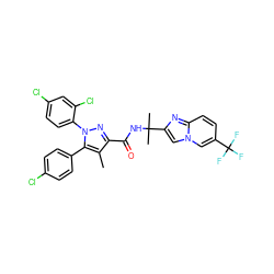 Cc1c(C(=O)NC(C)(C)c2cn3cc(C(F)(F)F)ccc3n2)nn(-c2ccc(Cl)cc2Cl)c1-c1ccc(Cl)cc1 ZINC000072112063