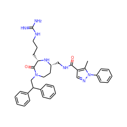 Cc1c(C(=O)NC[C@@H]2CCN(CC(c3ccccc3)c3ccccc3)C(=O)[C@H](CCCNC(=N)N)N2)cnn1-c1ccccc1 ZINC000118689023