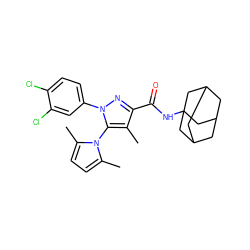 Cc1c(C(=O)NC23CC4CC(CC(C4)C2)C3)nn(-c2ccc(Cl)c(Cl)c2)c1-n1c(C)ccc1C ZINC000045299626