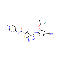 Cc1c(C(=O)NC2CCN(C)CC2)sc2ncnc(Nc3ccc(C#N)cc3OC(CF)CF)c12 ZINC000169708378