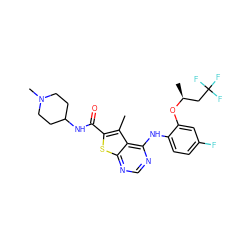 Cc1c(C(=O)NC2CCN(C)CC2)sc2ncnc(Nc3ccc(F)cc3O[C@@H](C)CC(F)(F)F)c12 ZINC000169686728