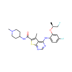 Cc1c(C(=O)NC2CCN(C)CC2)sc2ncnc(Nc3ccc(F)cc3O[C@@H](C)CF)c12 ZINC000169708402