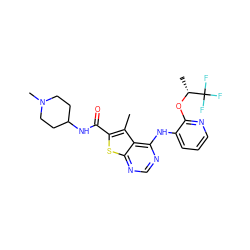 Cc1c(C(=O)NC2CCN(C)CC2)sc2ncnc(Nc3cccnc3O[C@H](C)C(F)(F)F)c12 ZINC000118885159