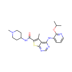 Cc1c(C(=O)NC2CCN(C)CC2)sc2ncnc(Nc3cccnc3OC(C)C)c12 ZINC000118819351