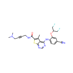 Cc1c(C(=O)NCC#CCN(C)C)sc2ncnc(Nc3ccc(C#N)cc3OC(CF)CF)c12 ZINC000169708379