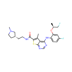 Cc1c(C(=O)NCC[C@@H]2CCN(C)C2)sc2ncnc(Nc3ccc(F)cc3O[C@@H](C)CF)c12 ZINC000169708398