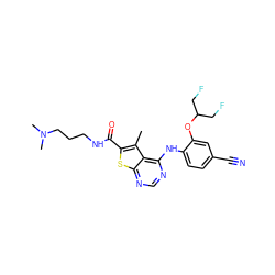 Cc1c(C(=O)NCCCN(C)C)sc2ncnc(Nc3ccc(C#N)cc3OC(CF)CF)c12 ZINC000118877719