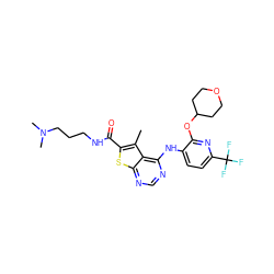 Cc1c(C(=O)NCCCN(C)C)sc2ncnc(Nc3ccc(C(F)(F)F)nc3OC3CCOCC3)c12 ZINC000140669170