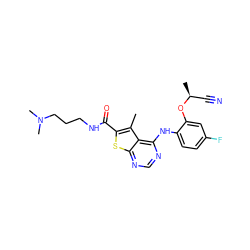 Cc1c(C(=O)NCCCN(C)C)sc2ncnc(Nc3ccc(F)cc3O[C@@H](C)C#N)c12 ZINC000169708382