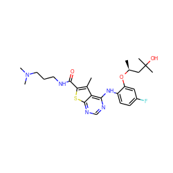 Cc1c(C(=O)NCCCN(C)C)sc2ncnc(Nc3ccc(F)cc3O[C@@H](C)CC(C)(C)O)c12 ZINC000118738678