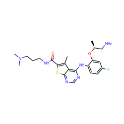 Cc1c(C(=O)NCCCN(C)C)sc2ncnc(Nc3ccc(F)cc3O[C@@H](C)CN)c12 ZINC000169708347