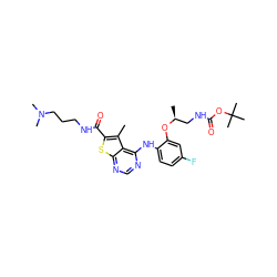 Cc1c(C(=O)NCCCN(C)C)sc2ncnc(Nc3ccc(F)cc3O[C@@H](C)CNC(=O)OC(C)(C)C)c12 ZINC000169708343