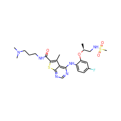 Cc1c(C(=O)NCCCN(C)C)sc2ncnc(Nc3ccc(F)cc3O[C@@H](C)CNS(C)(=O)=O)c12 ZINC000169708351