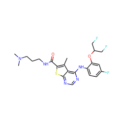 Cc1c(C(=O)NCCCN(C)C)sc2ncnc(Nc3ccc(F)cc3OC(CF)CF)c12 ZINC000118822992