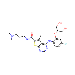 Cc1c(C(=O)NCCCN(C)C)sc2ncnc(Nc3ccc(F)cc3OC(CO)CO)c12 ZINC000169686626