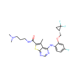 Cc1c(C(=O)NCCCN(C)C)sc2ncnc(Nc3ccc(F)cc3OC[C@@H]3CC3(F)F)c12 ZINC000169686612