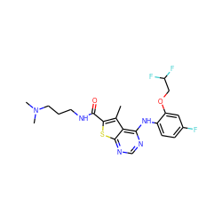 Cc1c(C(=O)NCCCN(C)C)sc2ncnc(Nc3ccc(F)cc3OCC(F)F)c12 ZINC000169686607