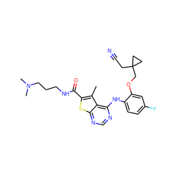 Cc1c(C(=O)NCCCN(C)C)sc2ncnc(Nc3ccc(F)cc3OCC3(CC#N)CC3)c12 ZINC000169686603