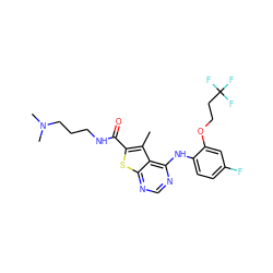 Cc1c(C(=O)NCCCN(C)C)sc2ncnc(Nc3ccc(F)cc3OCCC(F)(F)F)c12 ZINC000169686688