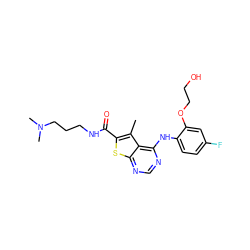 Cc1c(C(=O)NCCCN(C)C)sc2ncnc(Nc3ccc(F)cc3OCCO)c12 ZINC000169686673