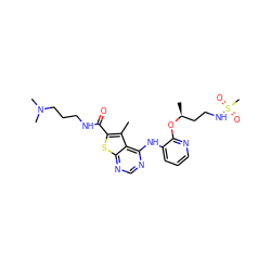 Cc1c(C(=O)NCCCN(C)C)sc2ncnc(Nc3cccnc3O[C@@H](C)CCNS(C)(=O)=O)c12 ZINC000118821584