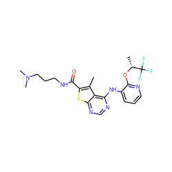 Cc1c(C(=O)NCCCN(C)C)sc2ncnc(Nc3cccnc3O[C@H](C)C(F)(F)F)c12 ZINC000118819016