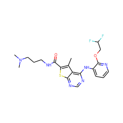 Cc1c(C(=O)NCCCN(C)C)sc2ncnc(Nc3cccnc3OCC(F)F)c12 ZINC000118830317