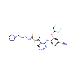 Cc1c(C(=O)NCCCN2CCCC2)sc2ncnc(Nc3ccc(C#N)cc3OC(CF)CF)c12 ZINC000118828005