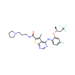 Cc1c(C(=O)NCCCN2CCCC2)sc2ncnc(Nc3ccc(F)cc3O[C@@H](C)CC(F)(F)F)c12 ZINC000169686765