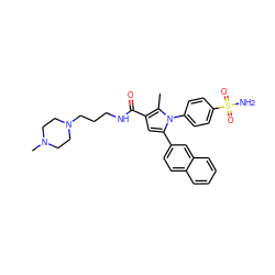 Cc1c(C(=O)NCCCN2CCN(C)CC2)cc(-c2ccc3ccccc3c2)n1-c1ccc(S(N)(=O)=O)cc1 ZINC000064744439