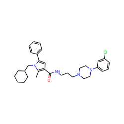 Cc1c(C(=O)NCCCN2CCN(c3cccc(Cl)c3)CC2)cc(-c2ccccc2)n1CC1CCCCC1 ZINC000049089224