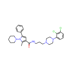 Cc1c(C(=O)NCCCN2CCN(c3cccc(Cl)c3Cl)CC2)cc(-c2ccccc2)n1N1CCCCC1 ZINC000049780323