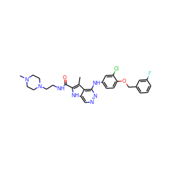 Cc1c(C(=O)NCCN2CCN(C)CC2)[nH]c2cnnc(Nc3ccc(OCc4cccc(F)c4)c(Cl)c3)c12 ZINC000049775723