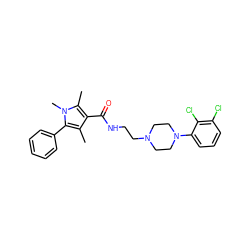 Cc1c(C(=O)NCCN2CCN(c3cccc(Cl)c3Cl)CC2)c(C)n(C)c1-c1ccccc1 ZINC000058563882