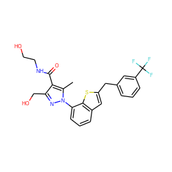 Cc1c(C(=O)NCCO)c(CO)nn1-c1cccc2cc(Cc3cccc(C(F)(F)F)c3)sc12 ZINC000143675717