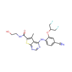 Cc1c(C(=O)NCCO)sc2ncnc(Nc3ccc(C#N)cc3OC(CF)CF)c12 ZINC000118890599