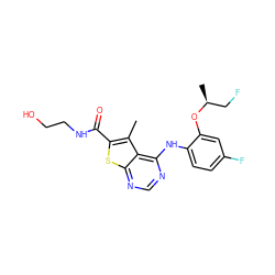 Cc1c(C(=O)NCCO)sc2ncnc(Nc3ccc(F)cc3O[C@@H](C)CF)c12 ZINC000169686620