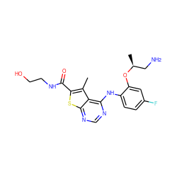 Cc1c(C(=O)NCCO)sc2ncnc(Nc3ccc(F)cc3O[C@@H](C)CN)c12 ZINC000118818955