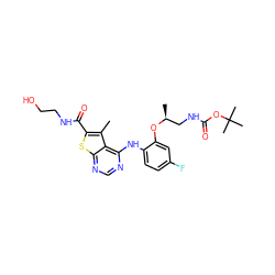 Cc1c(C(=O)NCCO)sc2ncnc(Nc3ccc(F)cc3O[C@@H](C)CNC(=O)OC(C)(C)C)c12 ZINC000169708345