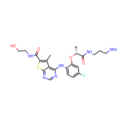 Cc1c(C(=O)NCCO)sc2ncnc(Nc3ccc(F)cc3O[C@H](C)C(=O)NCCCN)c12 ZINC000118828436