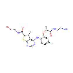 Cc1c(C(=O)NCCO)sc2ncnc(Nc3ccc(F)cc3O[C@H](C)C(=O)NCCN)c12 ZINC000118816816