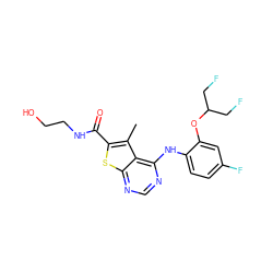 Cc1c(C(=O)NCCO)sc2ncnc(Nc3ccc(F)cc3OC(CF)CF)c12 ZINC000169708366