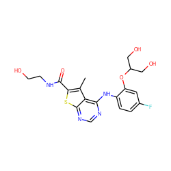 Cc1c(C(=O)NCCO)sc2ncnc(Nc3ccc(F)cc3OC(CO)CO)c12 ZINC000169686624