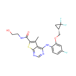 Cc1c(C(=O)NCCO)sc2ncnc(Nc3ccc(F)cc3OC[C@@H]3CC3(F)F)c12 ZINC000169686608