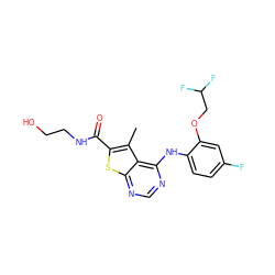 Cc1c(C(=O)NCCO)sc2ncnc(Nc3ccc(F)cc3OCC(F)F)c12 ZINC000169686606