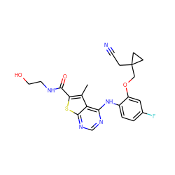 Cc1c(C(=O)NCCO)sc2ncnc(Nc3ccc(F)cc3OCC3(CC#N)CC3)c12 ZINC000169686602