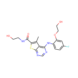 Cc1c(C(=O)NCCO)sc2ncnc(Nc3ccc(F)cc3OCCO)c12 ZINC000169686672