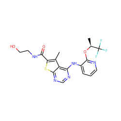 Cc1c(C(=O)NCCO)sc2ncnc(Nc3cccnc3O[C@@H](C)C(F)(F)F)c12 ZINC000169708363