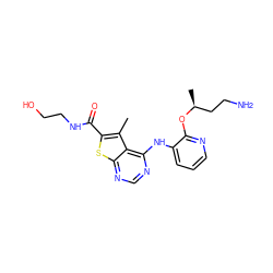 Cc1c(C(=O)NCCO)sc2ncnc(Nc3cccnc3O[C@@H](C)CCN)c12 ZINC000118830862